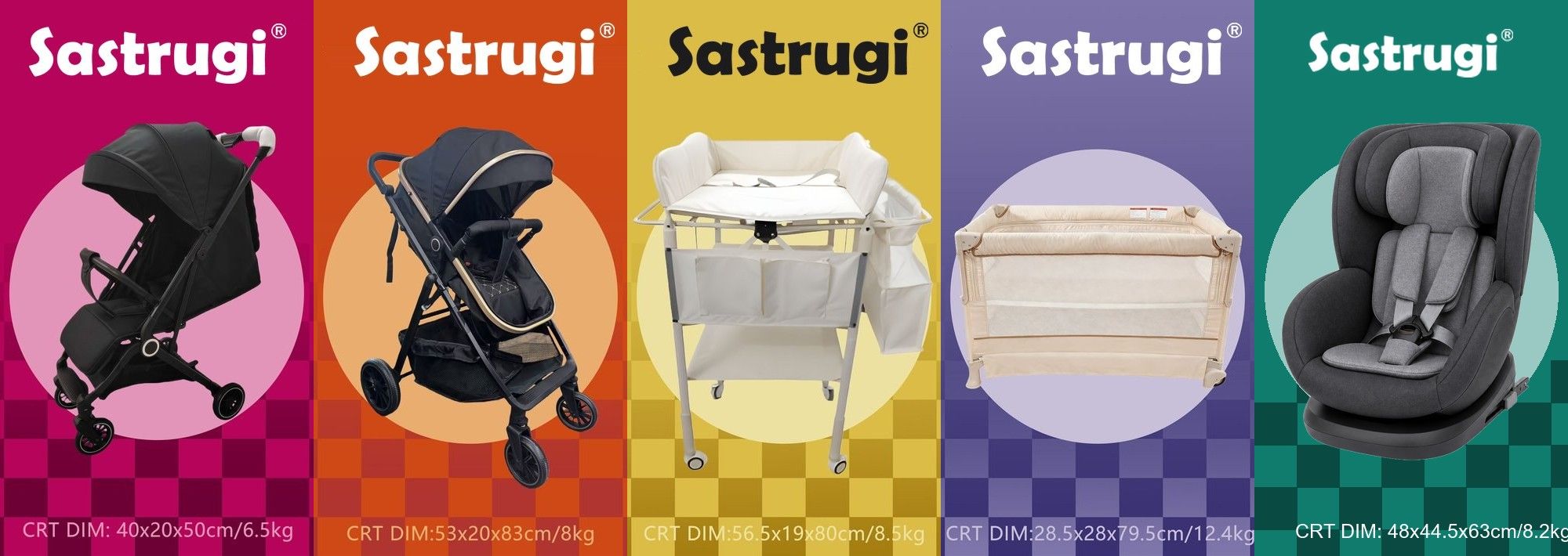 Sastrugi® feature products: two baby strollers, a bedside crib, a playard and a child car seat; the car seat is an AI-generated visual, not a photograph.